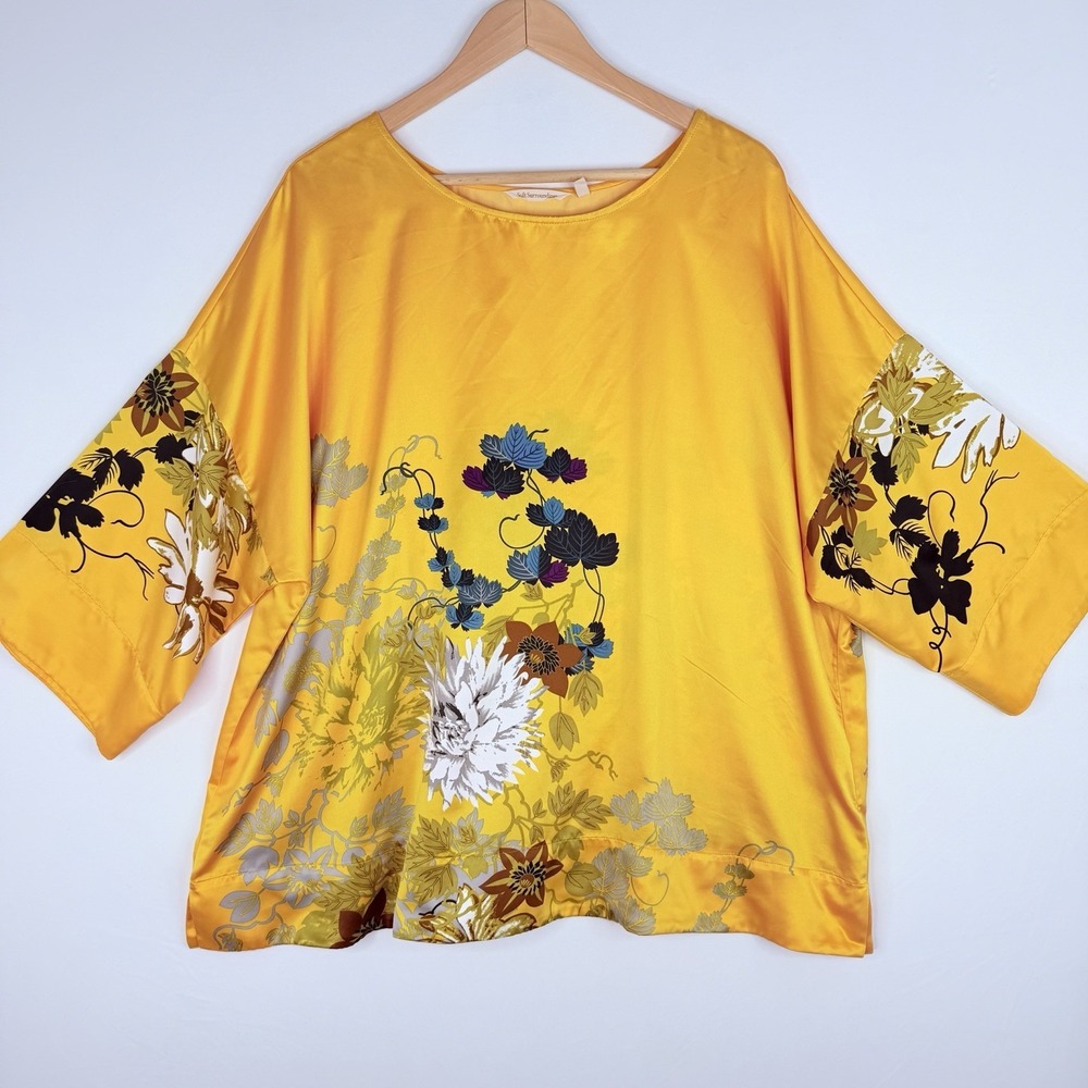 Soft Surroundings Gold Tahitian Floral Satin Kimono Sleeve Top Blouse 2X Relaxed - Picture 2 of 15